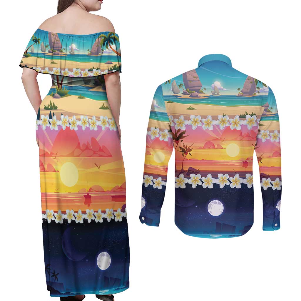 Hawaii Beach Landscape Time-Lapse Couples Matching Off Shoulder Maxi Dress and Long Sleeve Button Shirt Tropical Plumeria Flowers LT01 - Polynesian Pride