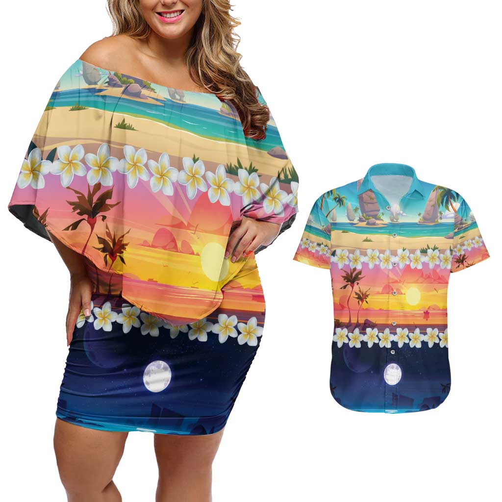 Hawaii Beach Landscape Time-Lapse Couples Matching Off Shoulder Short Dress and Hawaiian Shirt Tropical Plumeria Flowers LT01 Multicolor - Polynesian Pride
