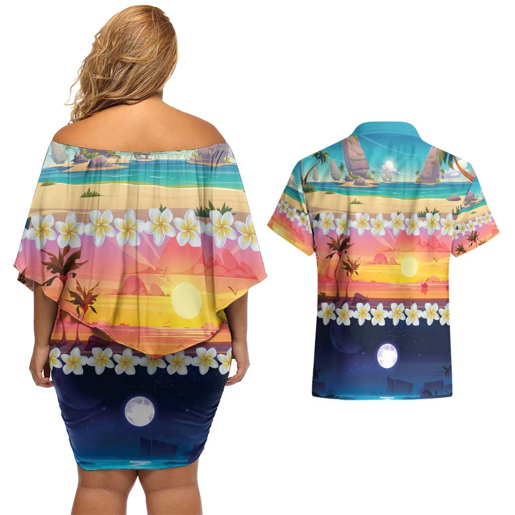 Hawaii Beach Landscape Time-Lapse Couples Matching Off Shoulder Short Dress and Hawaiian Shirt Tropical Plumeria Flowers LT01 - Polynesian Pride