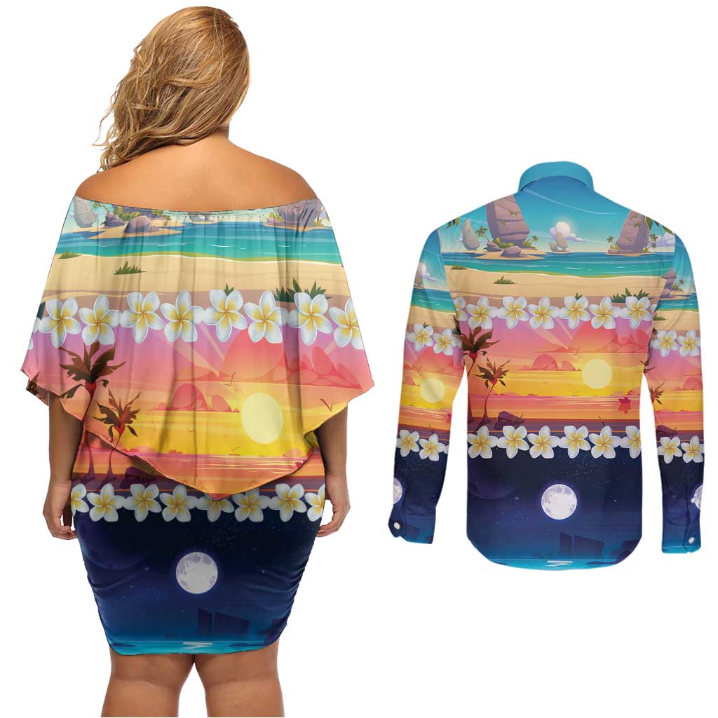 Hawaii Beach Landscape Time-Lapse Couples Matching Off Shoulder Short Dress and Long Sleeve Button Shirt Tropical Plumeria Flowers LT01 - Polynesian Pride