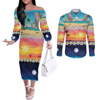 Hawaii Beach Landscape Time-Lapse Couples Matching Off The Shoulder Long Sleeve Dress and Long Sleeve Button Shirt Tropical Plumeria Flowers LT01 Multicolor - Polynesian Pride