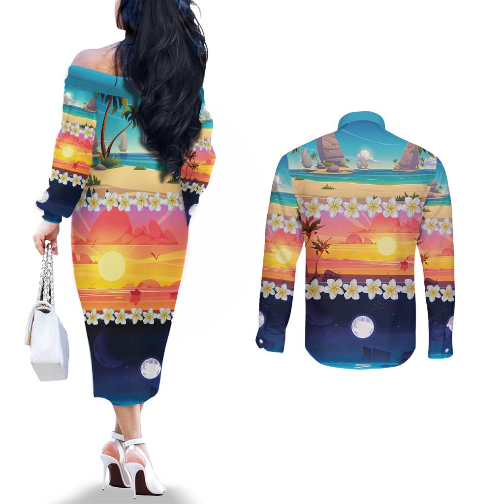 Hawaii Beach Landscape Time-Lapse Couples Matching Off The Shoulder Long Sleeve Dress and Long Sleeve Button Shirt Tropical Plumeria Flowers LT01 - Polynesian Pride