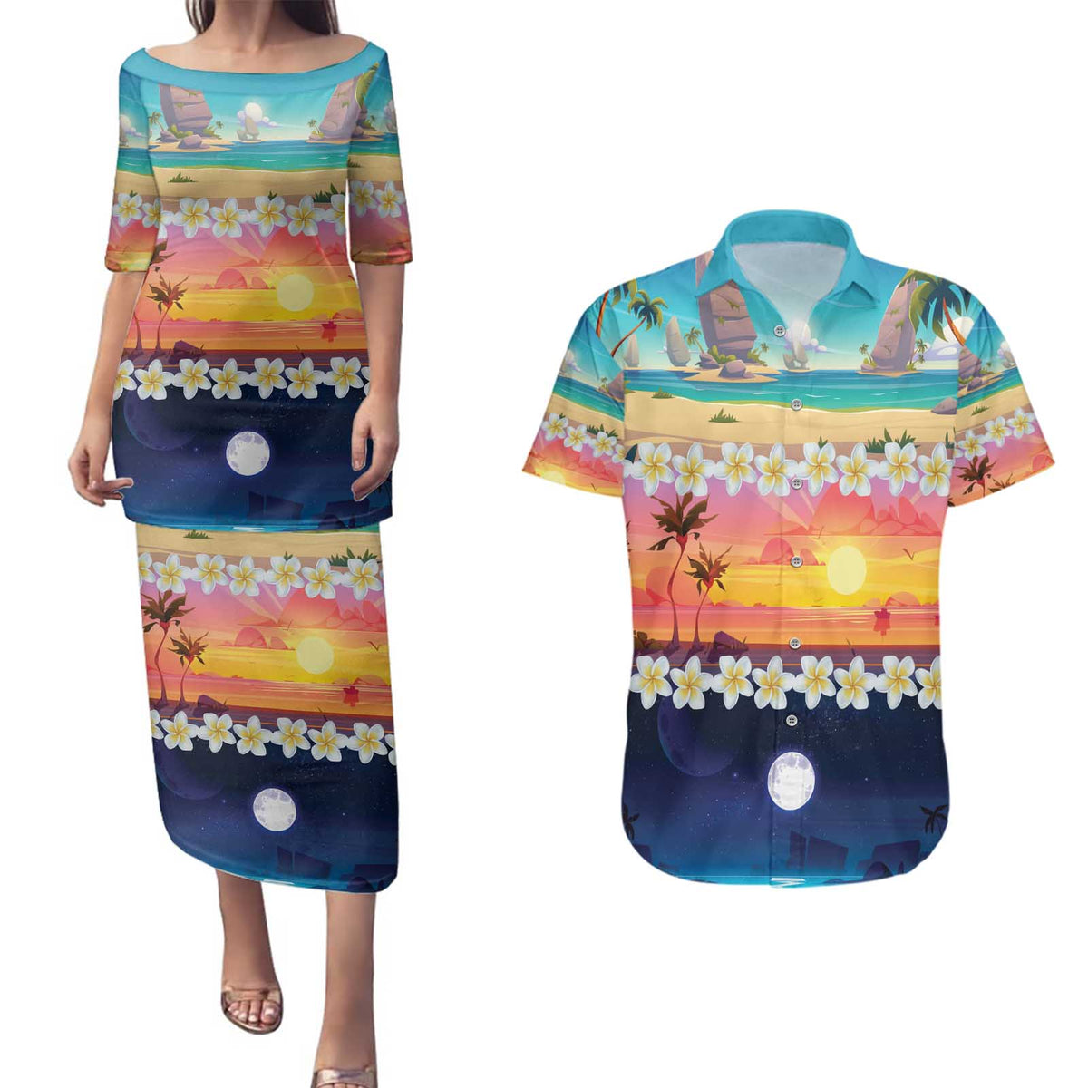 Hawaii Beach Landscape Time-Lapse Couples Matching Puletasi and Hawaiian Shirt Tropical Plumeria Flowers LT01 Multicolor - Polynesian Pride