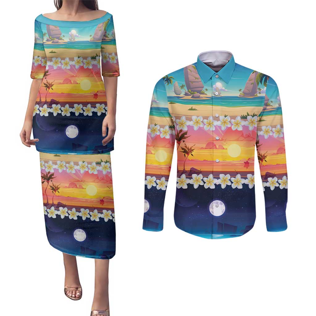 Hawaii Beach Landscape Time-Lapse Couples Matching Puletasi and Long Sleeve Button Shirt Tropical Plumeria Flowers LT01 Multicolor - Polynesian Pride