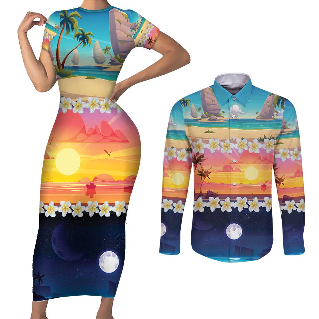 Hawaii Beach Landscape Time-Lapse Couples Matching Short Sleeve Bodycon Dress and Long Sleeve Button Shirt Tropical Plumeria Flowers LT01 Multicolor - Polynesian Pride