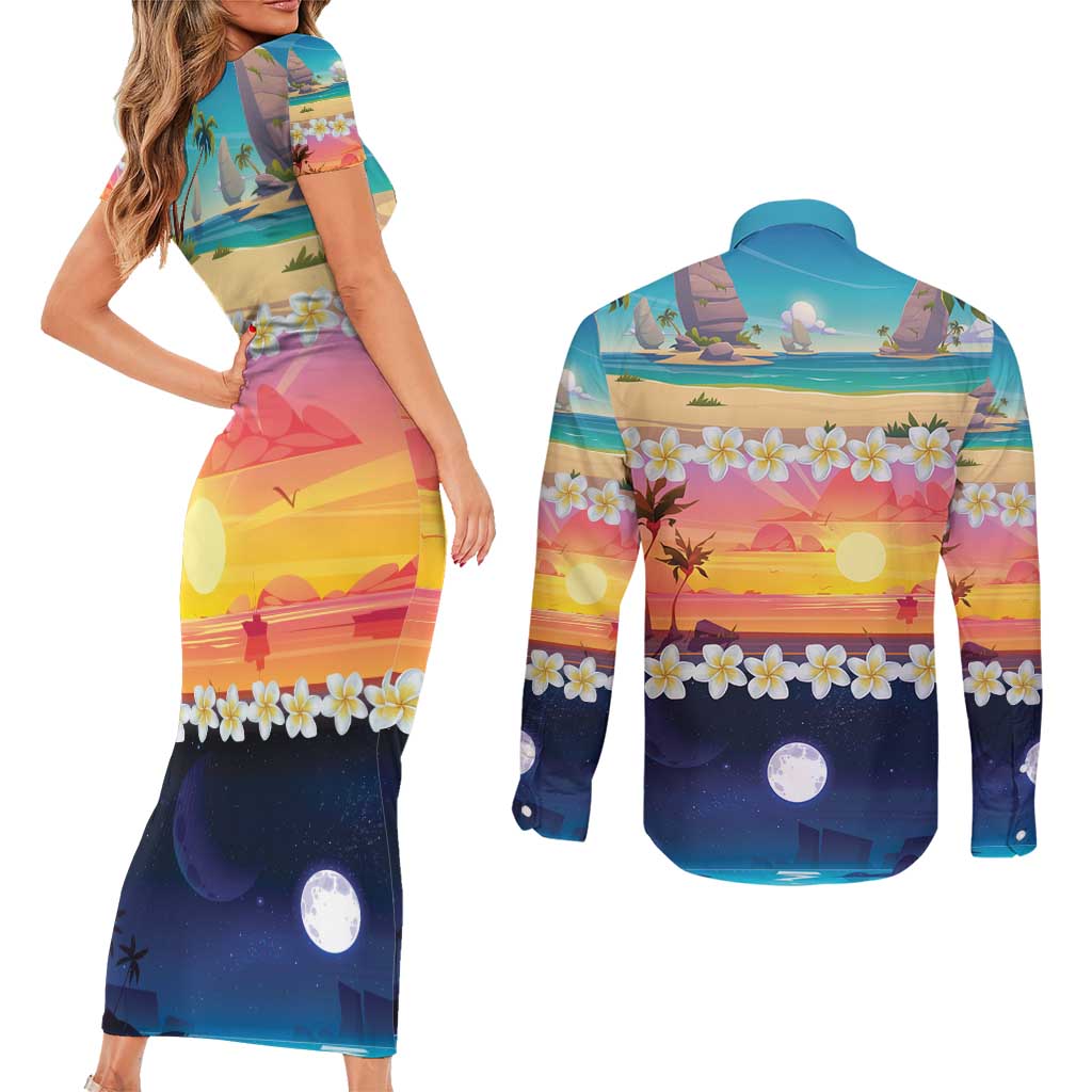 Hawaii Beach Landscape Time-Lapse Couples Matching Short Sleeve Bodycon Dress and Long Sleeve Button Shirt Tropical Plumeria Flowers LT01 - Polynesian Pride