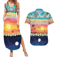 Hawaii Beach Landscape Time-Lapse Couples Matching Summer Maxi Dress and Hawaiian Shirt Tropical Plumeria Flowers LT01 Multicolor - Polynesian Pride