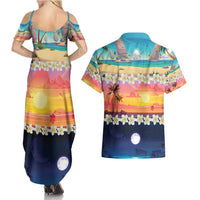 Hawaii Beach Landscape Time-Lapse Couples Matching Summer Maxi Dress and Hawaiian Shirt Tropical Plumeria Flowers LT01 - Polynesian Pride