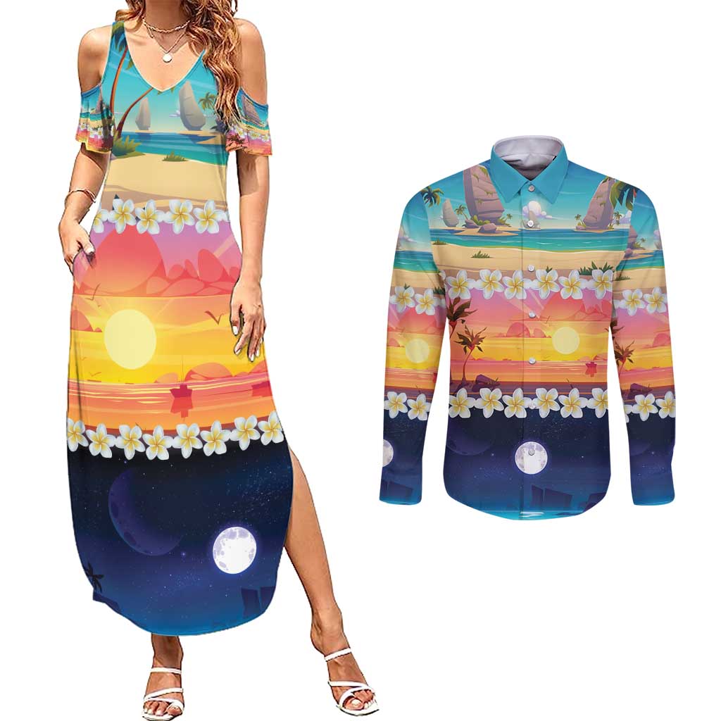 Hawaii Beach Landscape Time-Lapse Couples Matching Summer Maxi Dress and Long Sleeve Button Shirt Tropical Plumeria Flowers LT01 Multicolor - Polynesian Pride