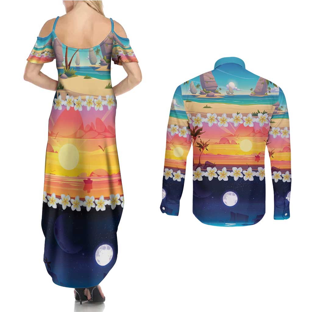 Hawaii Beach Landscape Time-Lapse Couples Matching Summer Maxi Dress and Long Sleeve Button Shirt Tropical Plumeria Flowers LT01 - Polynesian Pride