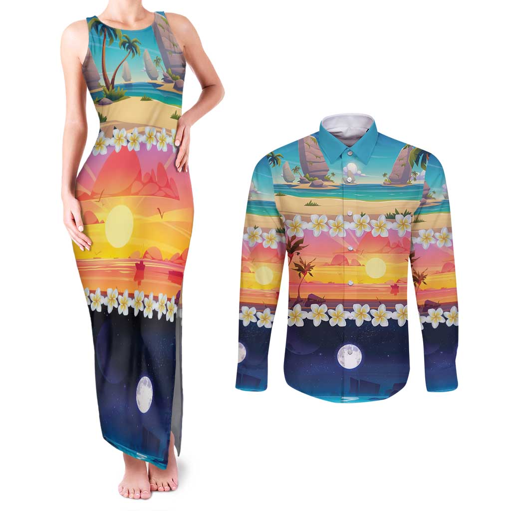 Hawaii Beach Landscape Time-Lapse Couples Matching Tank Maxi Dress and Long Sleeve Button Shirt Tropical Plumeria Flowers LT01 Multicolor - Polynesian Pride