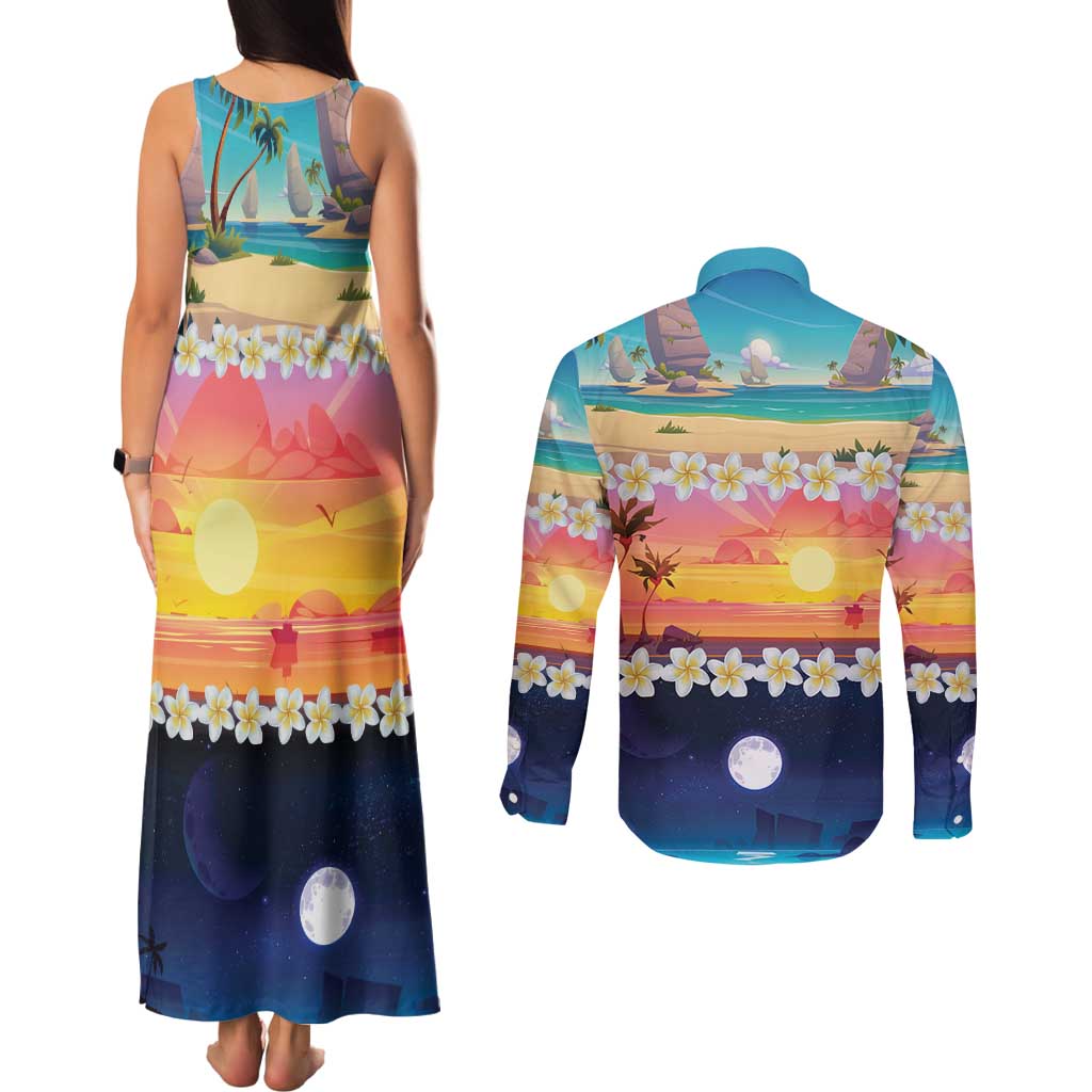 Hawaii Beach Landscape Time-Lapse Couples Matching Tank Maxi Dress and Long Sleeve Button Shirt Tropical Plumeria Flowers LT01 - Polynesian Pride