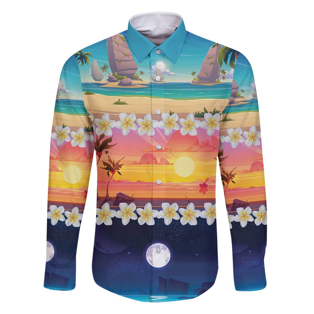 Hawaii Beach Landscape Time-Lapse Family Matching Long Sleeve Bodycon Dress and Hawaiian Shirt Tropical Plumeria Flowers LT01 Dad's Shirt - Long Sleeve Multicolor - Polynesian Pride