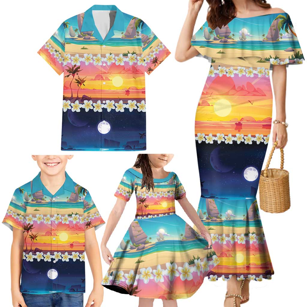 Hawaii Beach Landscape Time-Lapse Family Matching Mermaid Dress and Hawaiian Shirt Tropical Plumeria Flowers LT01 - Polynesian Pride