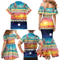 Hawaii Beach Landscape Time-Lapse Family Matching Mermaid Dress and Hawaiian Shirt Tropical Plumeria Flowers LT01 - Polynesian Pride