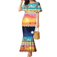 Hawaii Beach Landscape Time-Lapse Family Matching Mermaid Dress and Hawaiian Shirt Tropical Plumeria Flowers LT01 Mom's Dress Multicolor - Polynesian Pride