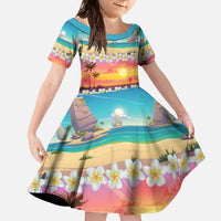 Hawaii Beach Landscape Time-Lapse Family Matching Off The Shoulder Long Sleeve Dress and Hawaiian Shirt Tropical Plumeria Flowers LT01 Daughter's Dress Multicolor - Polynesian Pride