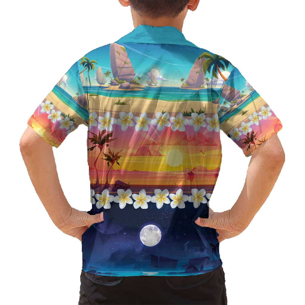 Hawaii Beach Landscape Time-Lapse Family Matching Off Shoulder Maxi Dress and Hawaiian Shirt Tropical Plumeria Flowers LT01 - Polynesian Pride