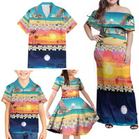 Hawaii Beach Landscape Time-Lapse Family Matching Off Shoulder Maxi Dress and Hawaiian Shirt Tropical Plumeria Flowers LT01 - Polynesian Pride