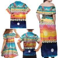 Hawaii Beach Landscape Time-Lapse Family Matching Off Shoulder Maxi Dress and Hawaiian Shirt Tropical Plumeria Flowers LT01 - Polynesian Pride