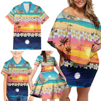 Hawaii Beach Landscape Time-Lapse Family Matching Off Shoulder Short Dress and Hawaiian Shirt Tropical Plumeria Flowers LT01 - Polynesian Pride