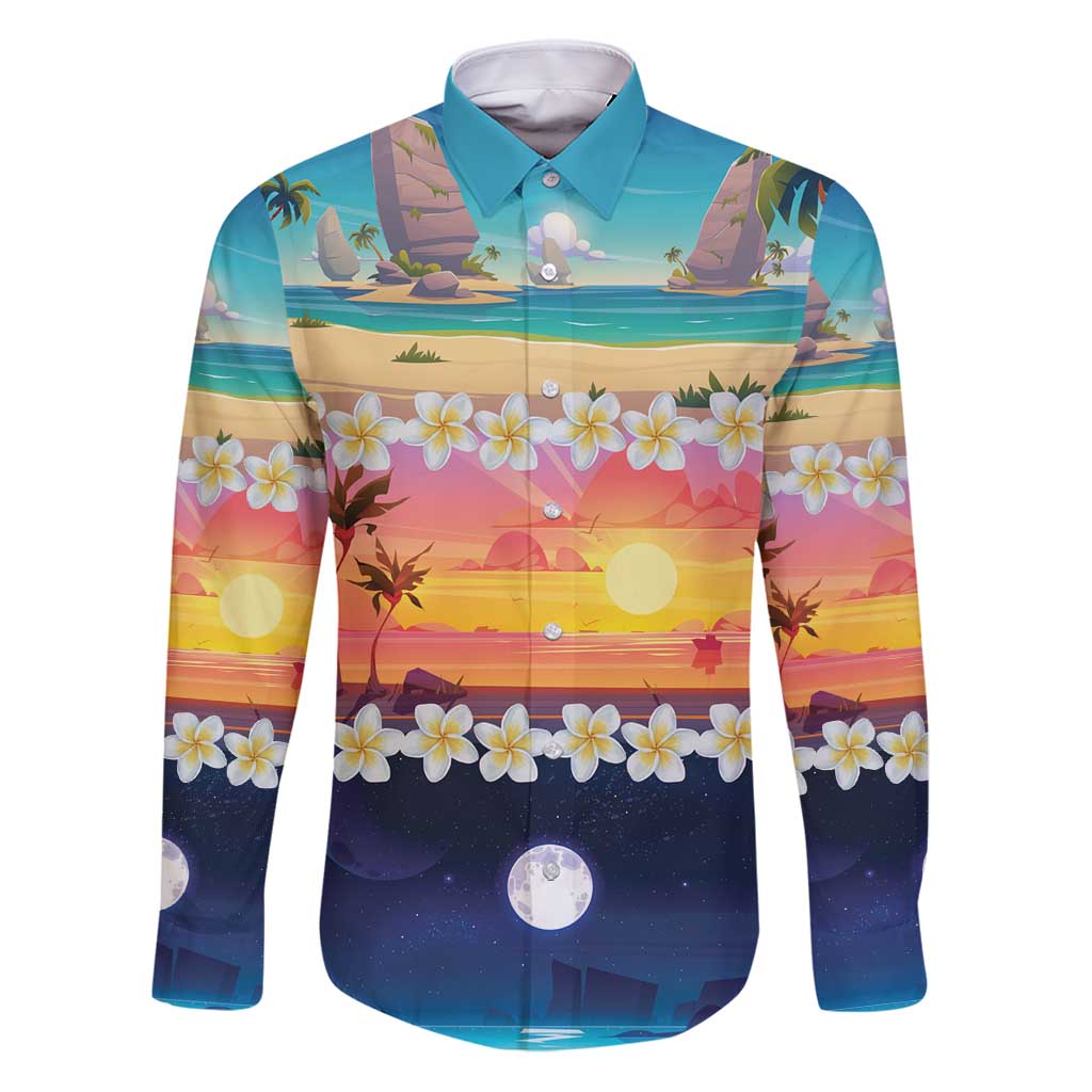 Hawaii Beach Landscape Time-Lapse Family Matching Puletasi and Hawaiian Shirt Tropical Plumeria Flowers LT01 Dad's Shirt - Long Sleeve Multicolor - Polynesian Pride