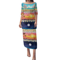 Hawaii Beach Landscape Time-Lapse Family Matching Puletasi and Hawaiian Shirt Tropical Plumeria Flowers LT01 Mom's Dress Multicolor - Polynesian Pride
