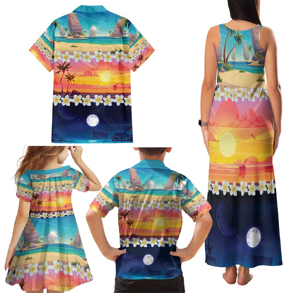 Hawaii Beach Landscape Time-Lapse Family Matching Tank Maxi Dress and Hawaiian Shirt Tropical Plumeria Flowers LT01 - Polynesian Pride