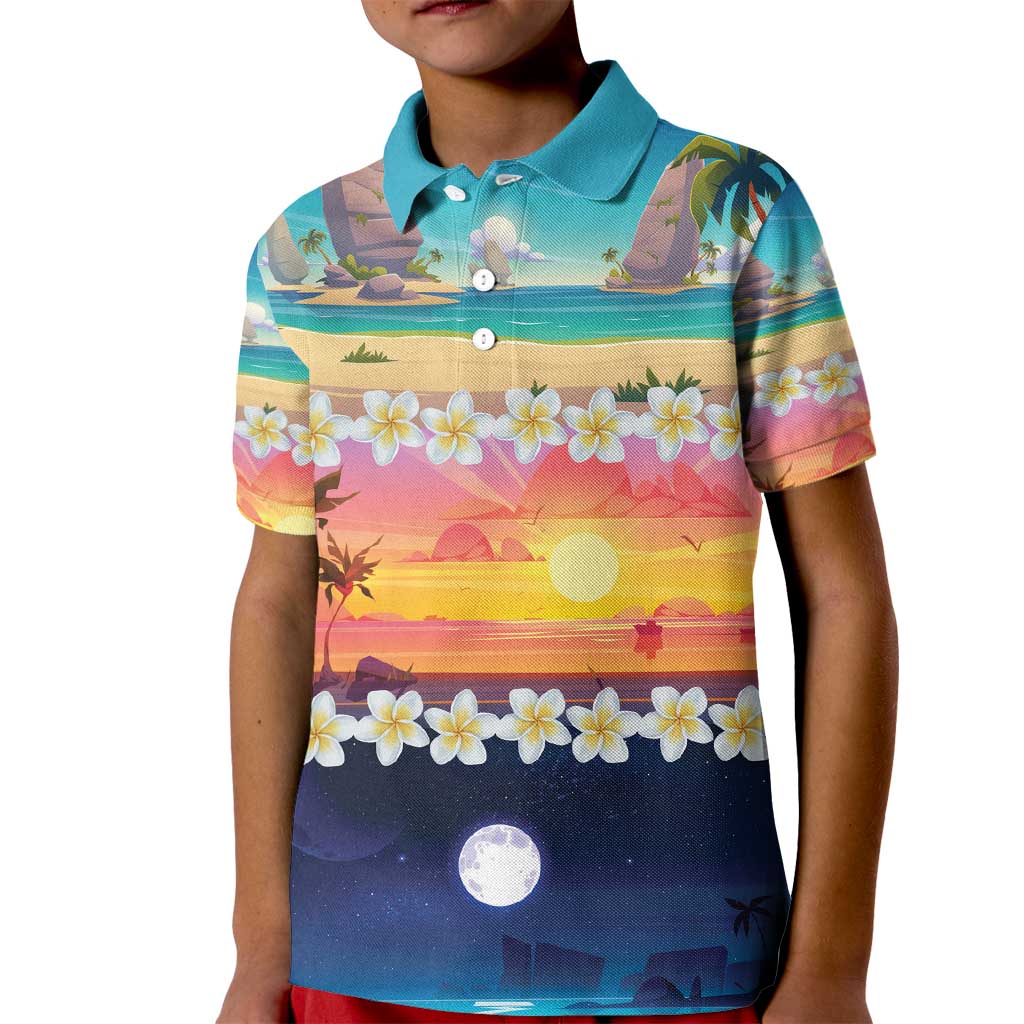 Hawaii Beach Landscape Time-Lapse Kid Polo Shirt Tropical Plumeria Flowers - Polynesian Pride