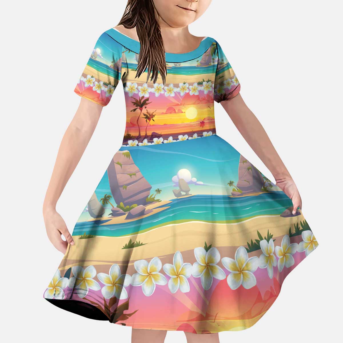 Hawaii Beach Landscape Time-Lapse Kid Short Sleeve Dress Tropical Plumeria Flowers - Polynesian Pride