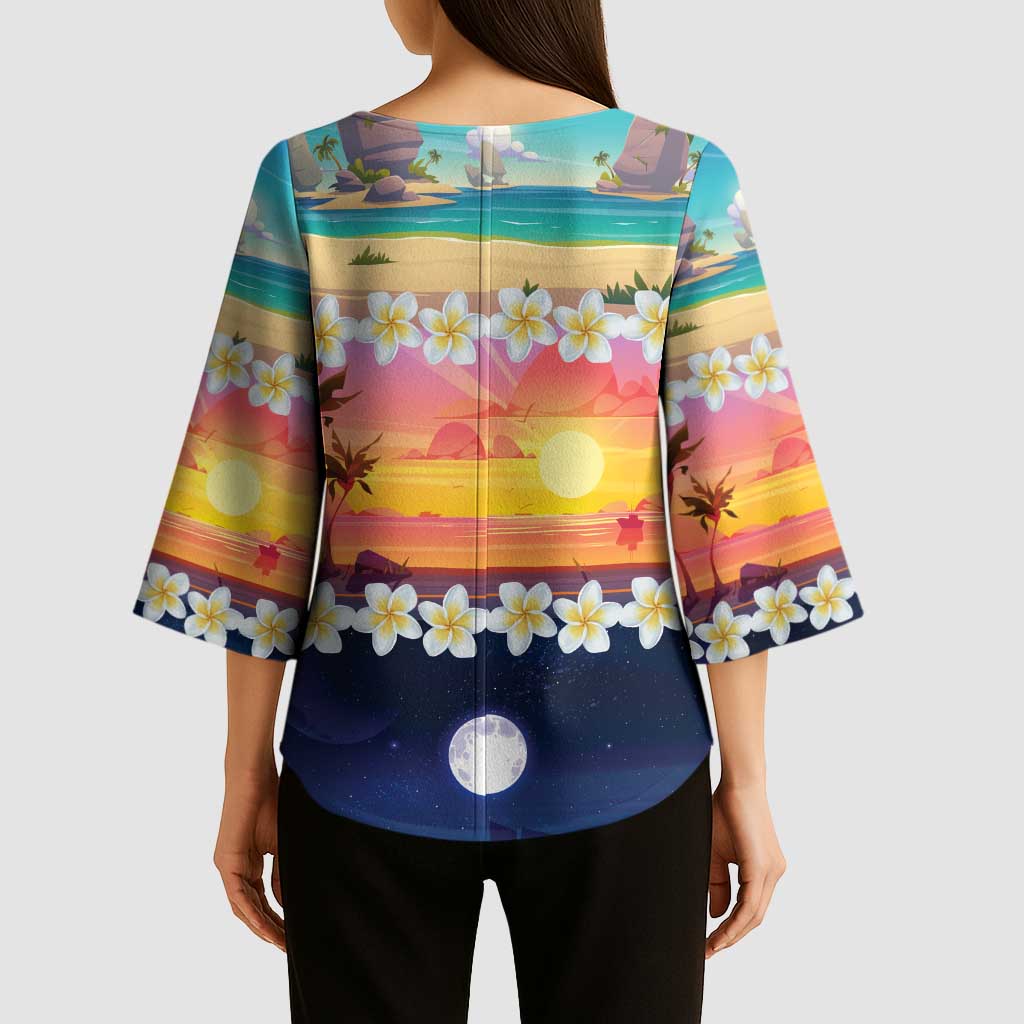 Hawaii Beach Landscape Time-Lapse Kimono Sleeve Blouse Tropical Plumeria Flowers - Polynesian Pride