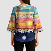 Hawaii Beach Landscape Time-Lapse Kimono Sleeve Blouse Tropical Plumeria Flowers - Polynesian Pride
