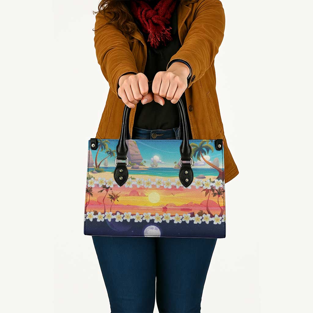 Hawaii Beach Landscape Time-Lapse Leather Bag Tropical Plumeria Flowers - Polynesian Pride