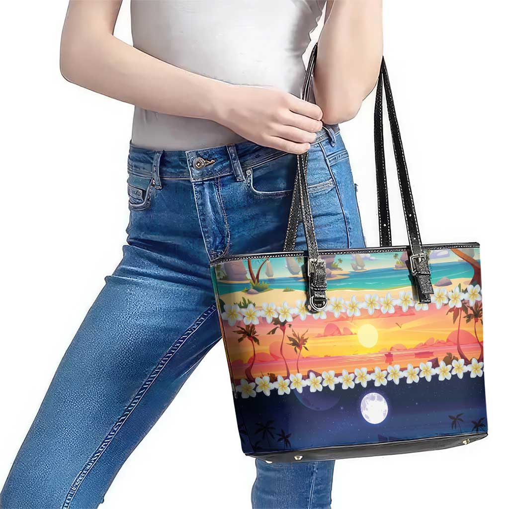 Hawaii Beach Landscape Time-Lapse Leather Tote Bag Tropical Plumeria Flowers - Polynesian Pride