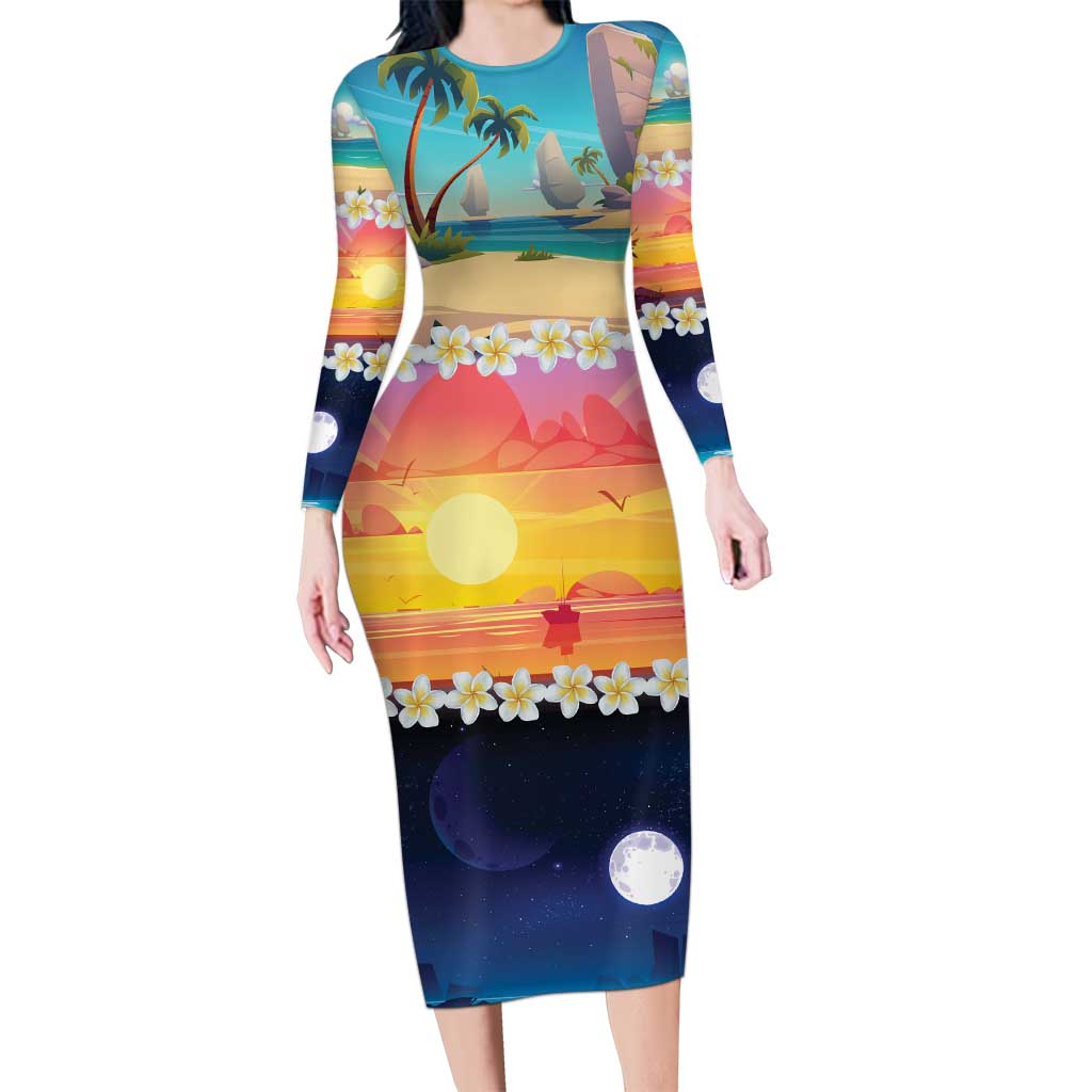 Hawaii Beach Landscape Time-Lapse Long Sleeve Bodycon Dress Tropical Plumeria Flowers - Polynesian Pride