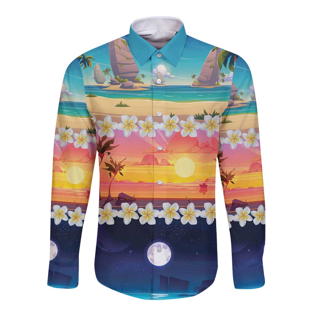 Hawaii Beach Landscape Time-Lapse Long Sleeve Button Shirt Tropical Plumeria Flowers LT01 Unisex Multicolor - Polynesian Pride