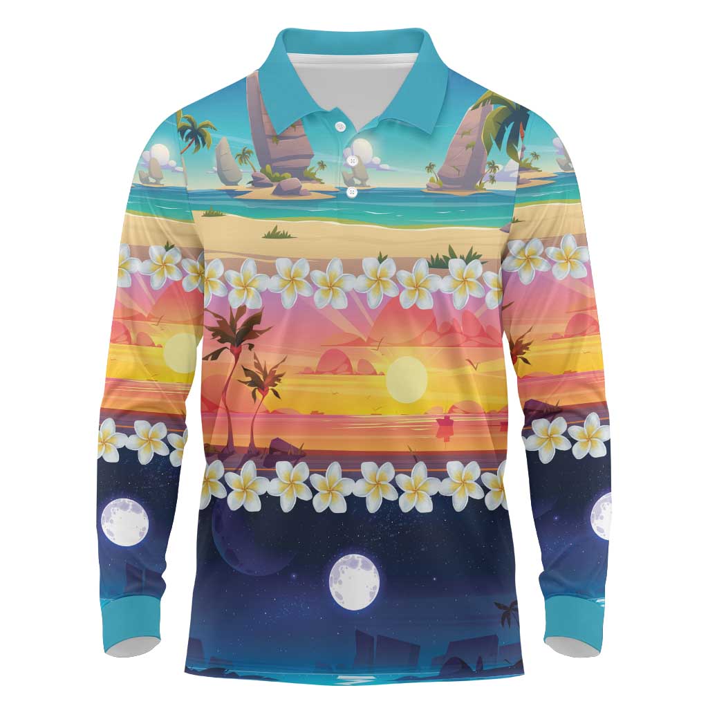 Hawaii Beach Landscape Time-Lapse Long Sleeve Polo Shirt Tropical Plumeria Flowers LT01 Multicolor - Polynesian Pride