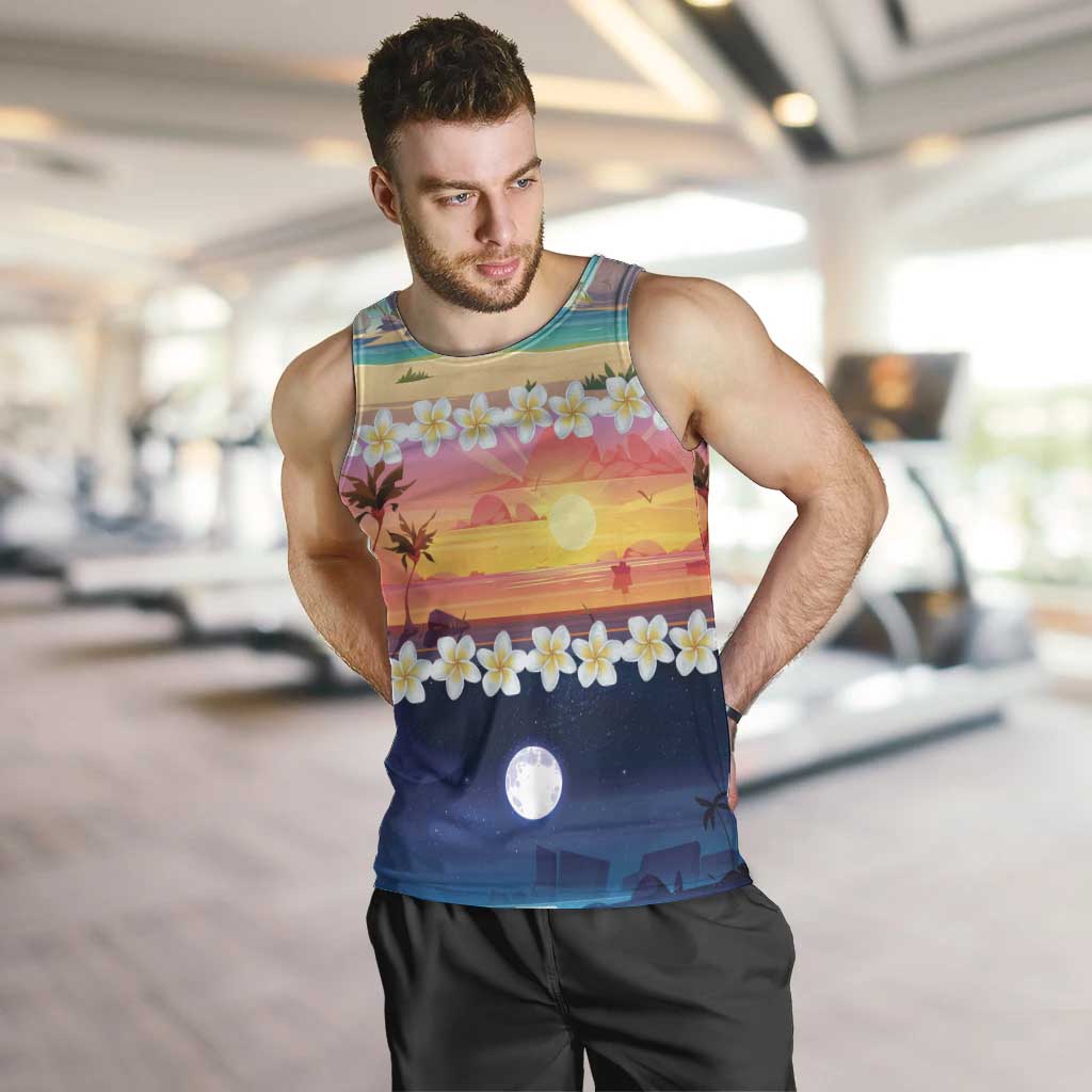 Hawaii Beach Landscape Time-Lapse Men Tank Top Tropical Plumeria Flowers - Polynesian Pride