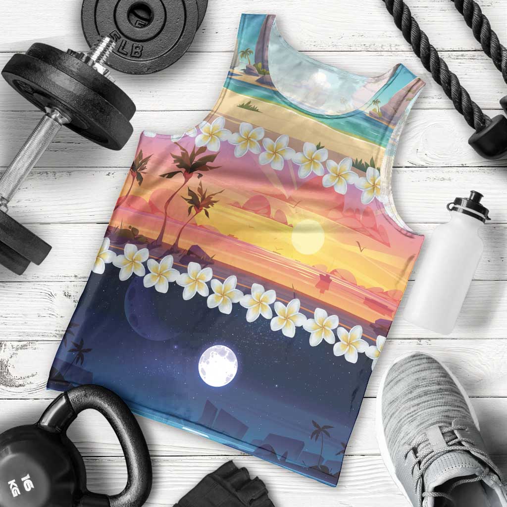 Hawaii Beach Landscape Time-Lapse Men Tank Top Tropical Plumeria Flowers - Polynesian Pride
