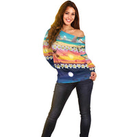 Hawaii Beach Landscape Time-Lapse Off Shoulder Sweater Tropical Plumeria Flowers - Polynesian Pride