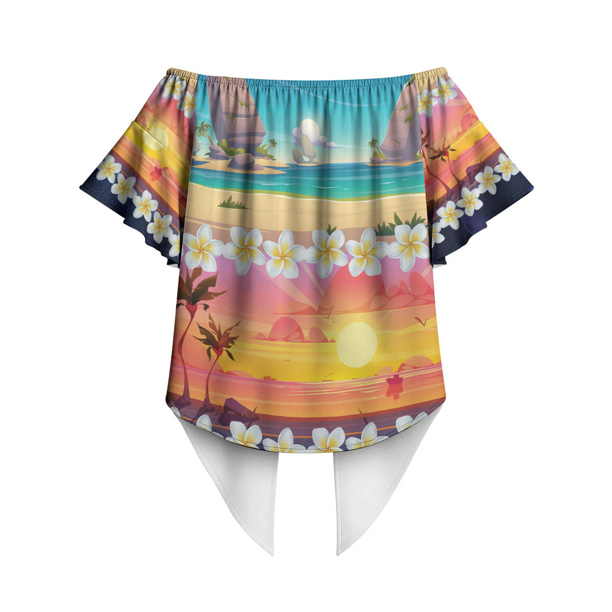 Hawaii Beach Landscape Time-Lapse Off Shoulder Wrap Waist Top Tropical Plumeria Flowers LT01 - Polynesian Pride