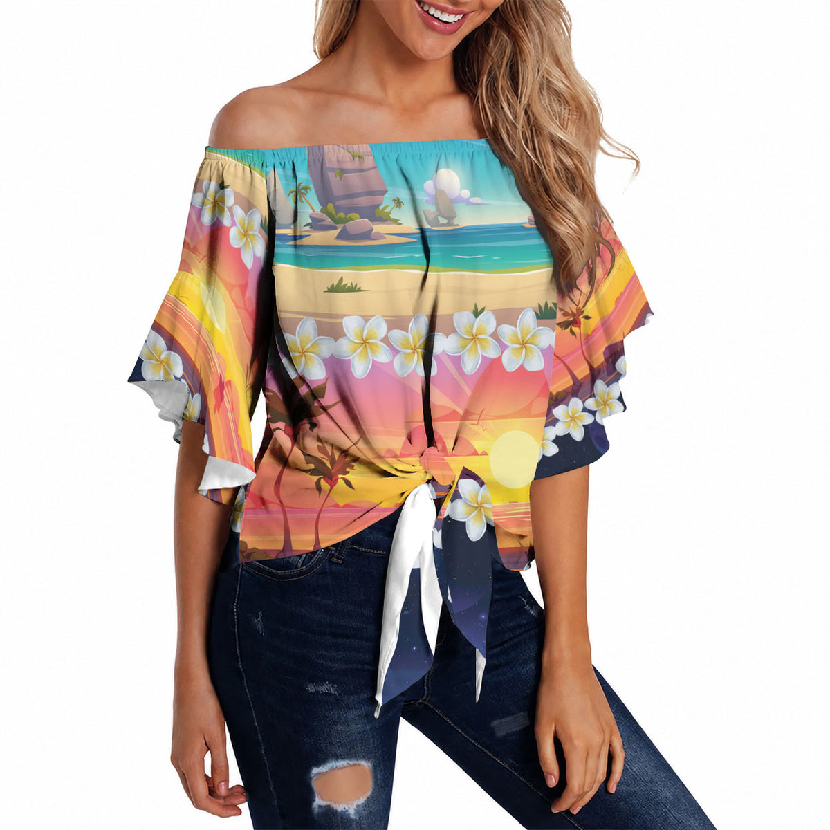 Hawaii Beach Landscape Time-Lapse Off Shoulder Wrap Waist Top Tropical Plumeria Flowers LT01 - Polynesian Pride