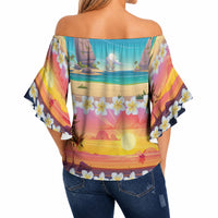Hawaii Beach Landscape Time-Lapse Off Shoulder Wrap Waist Top Tropical Plumeria Flowers LT01 - Polynesian Pride