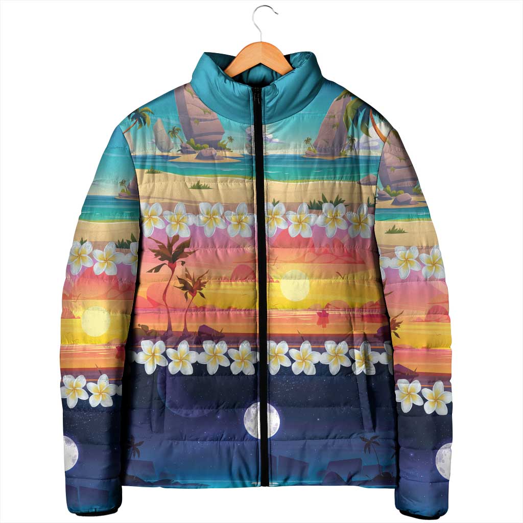 Hawaii Beach Landscape Time-Lapse Padded Jacket Tropical Plumeria Flowers - Polynesian Pride
