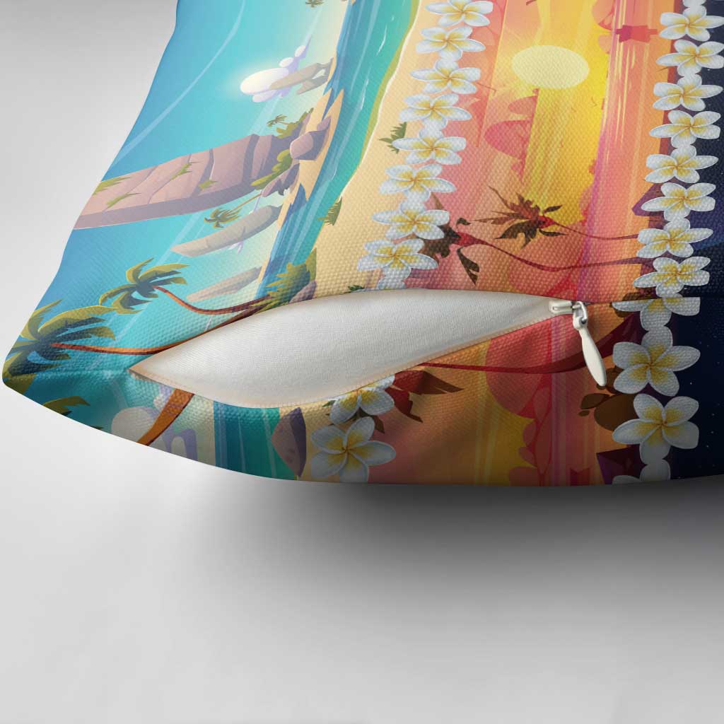 Hawaii Beach Landscape Time-Lapse Pillow Cover Tropical Plumeria Flowers - Polynesian Pride