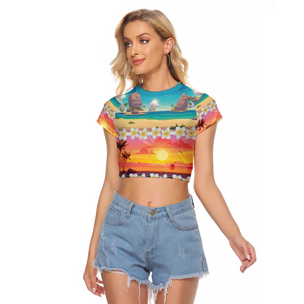 Hawaii Beach Landscape Time-Lapse Raglan Cropped T Shirt Tropical Plumeria Flowers - Polynesian Pride