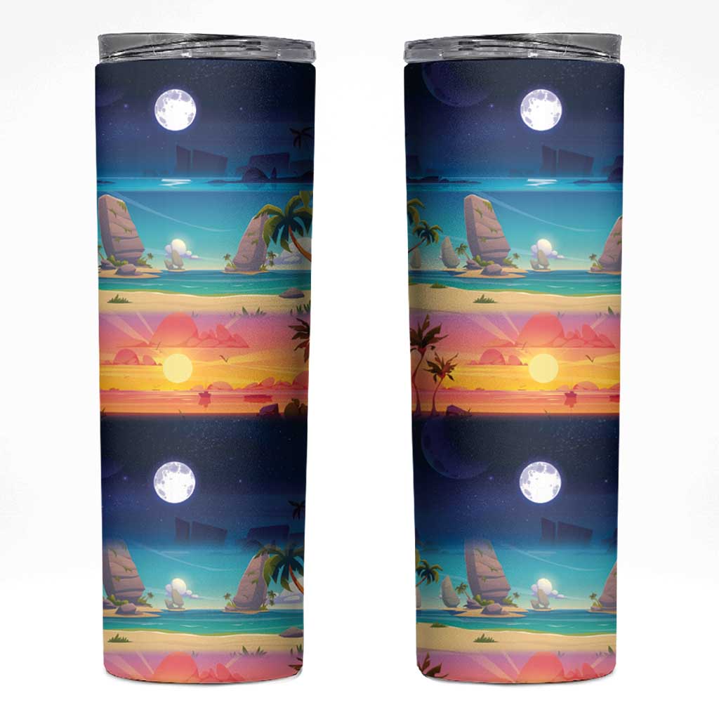 Hawaii Beach Landscape Time-Lapse Skinny Tumbler Tropical Plumeria Flowers LT01 Multicolor - Polynesian Pride
