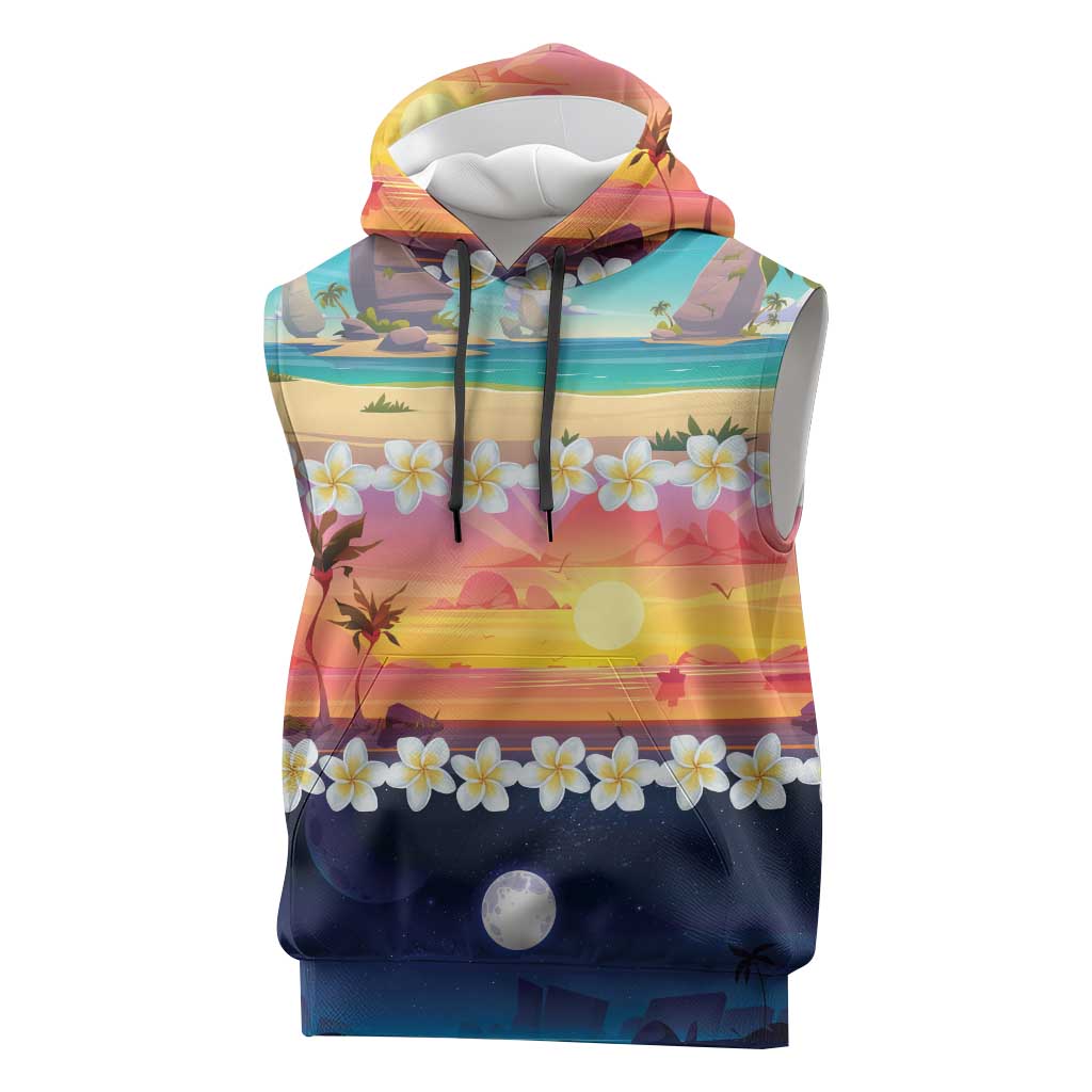 Hawaii Beach Landscape Time-Lapse Sleeveless Hoodie Tropical Plumeria Flowers LT01 Multicolor - Polynesian Pride