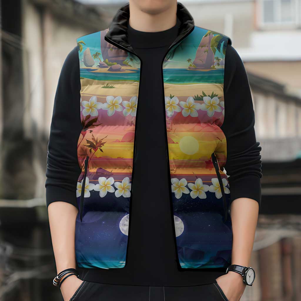 Hawaii Beach Landscape Time-Lapse Sleeveless Puffer Jacket Tropical Plumeria Flowers - Polynesian Pride