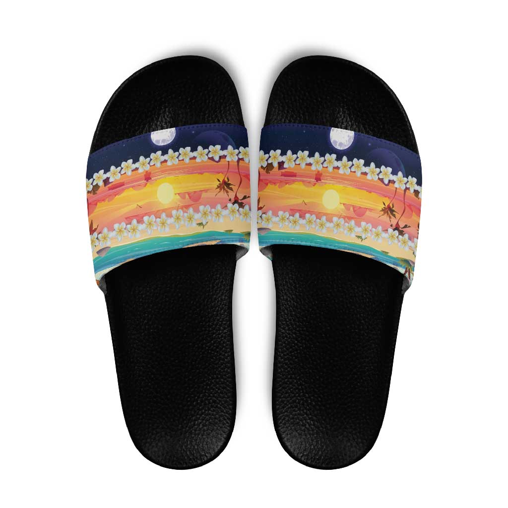 Hawaii Beach Landscape Time-Lapse Slide Sandals Tropical Plumeria Flowers - Polynesian Pride